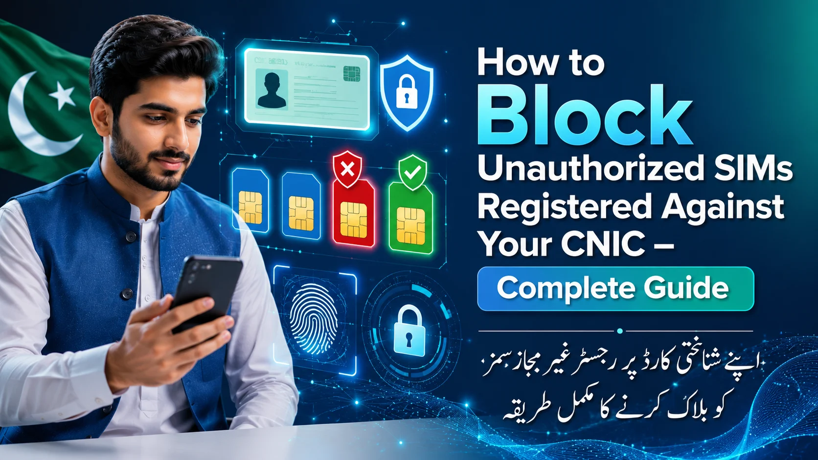 Pakistani user checking unauthorized SIMs registered against CNIC on a smartphone with secure SIM verification, fingerprint authentication, cybersecurity protection, and digital identity security.