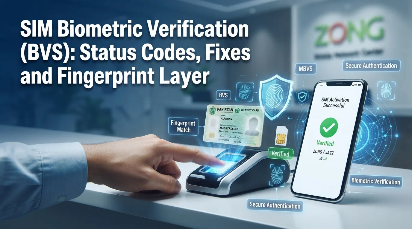 Illustration of secure SIM biometric verification showing a fingerprint scanner, Pakistani CNIC, smartphone, digital shield, encrypted data flow, and biometric security icons.